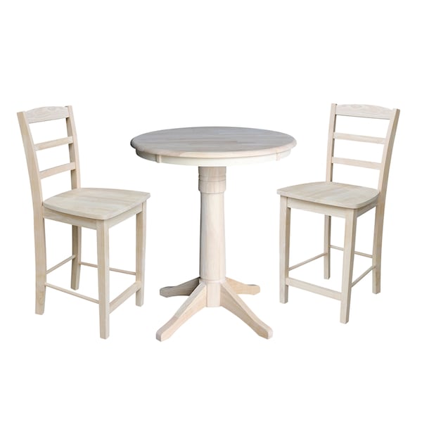 International Concepts Round 30 in Rd Ped Gathering Ht Table, 2 Madrid Counter Ht Stools, Unfinished, 30 in W, 30 in L, Wood K-30RT-27B-S402-2 - main